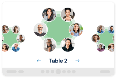 Participants seated around Engageli's tables, with green engagement circles displaying their activity