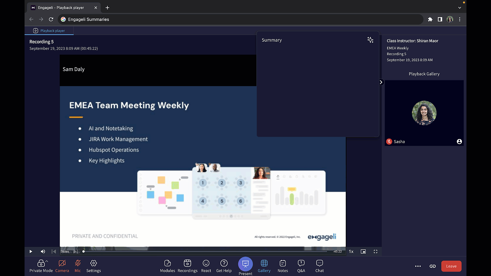 A GIF of Engageli's AI Summaries recapping a meeting held on Engageli