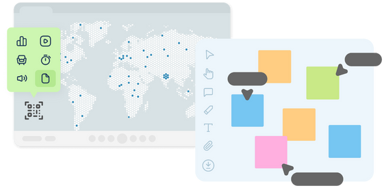 Engageli's virtual whiteboard with post-its, and a map showcasing Engageli's data